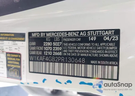 2023 Mercedes-Benz C 300 Sedan from USA, damaged, VIN W1KAF4GB2PR130648